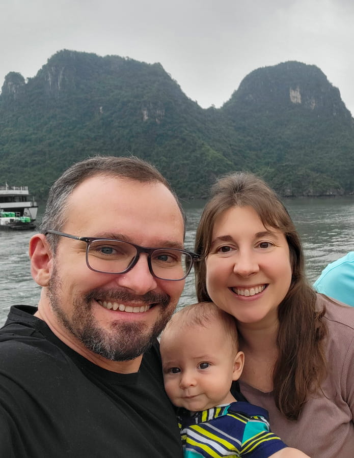 Family in Halong Bay Vietnam Family selfie in Halong Bay with karsts in background