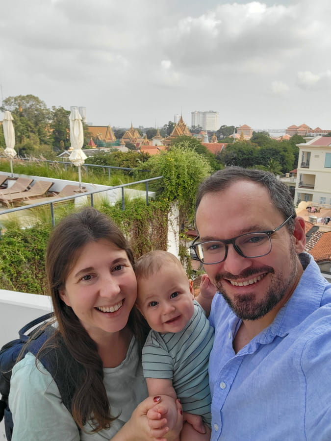 Family in Phnom Penh Cambodia Family selfie in Cambodia with temples and buildings in background